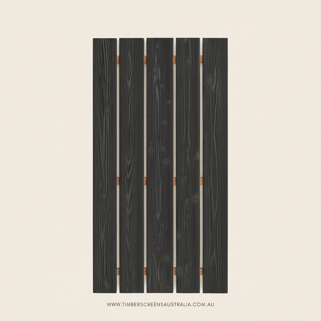 Wooden screen panel with vertical slats on a beige background