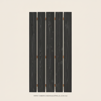 Wooden screen panel with vertical slats on a beige background