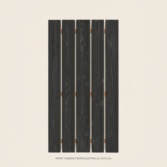 Wooden screen panel with vertical slats on a beige background