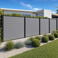 Eco Guard Fence Kit installed - Silver Grey slats with black aluminium posts, modern home and manicured landscaping