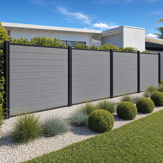 Eco Guard Fence Kit installed - Silver Grey slats with black aluminium posts, modern home and manicured landscaping